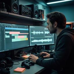 Ambient Vitrano examining a game capture timeline and performance graphs in a compact newsroom
