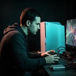 Mazter Makembe testing a console game beside a capture setup in a dark Lenoir studio