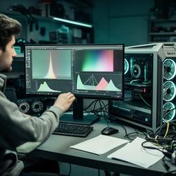 Saunak Parreiras comparing PC graphics settings on two monitors in a gaming workshop