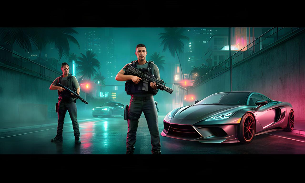 Three GTA VI players preparing for a Vice City street encounter with a rifle, suppressed sidearm, and tuned sports car at night