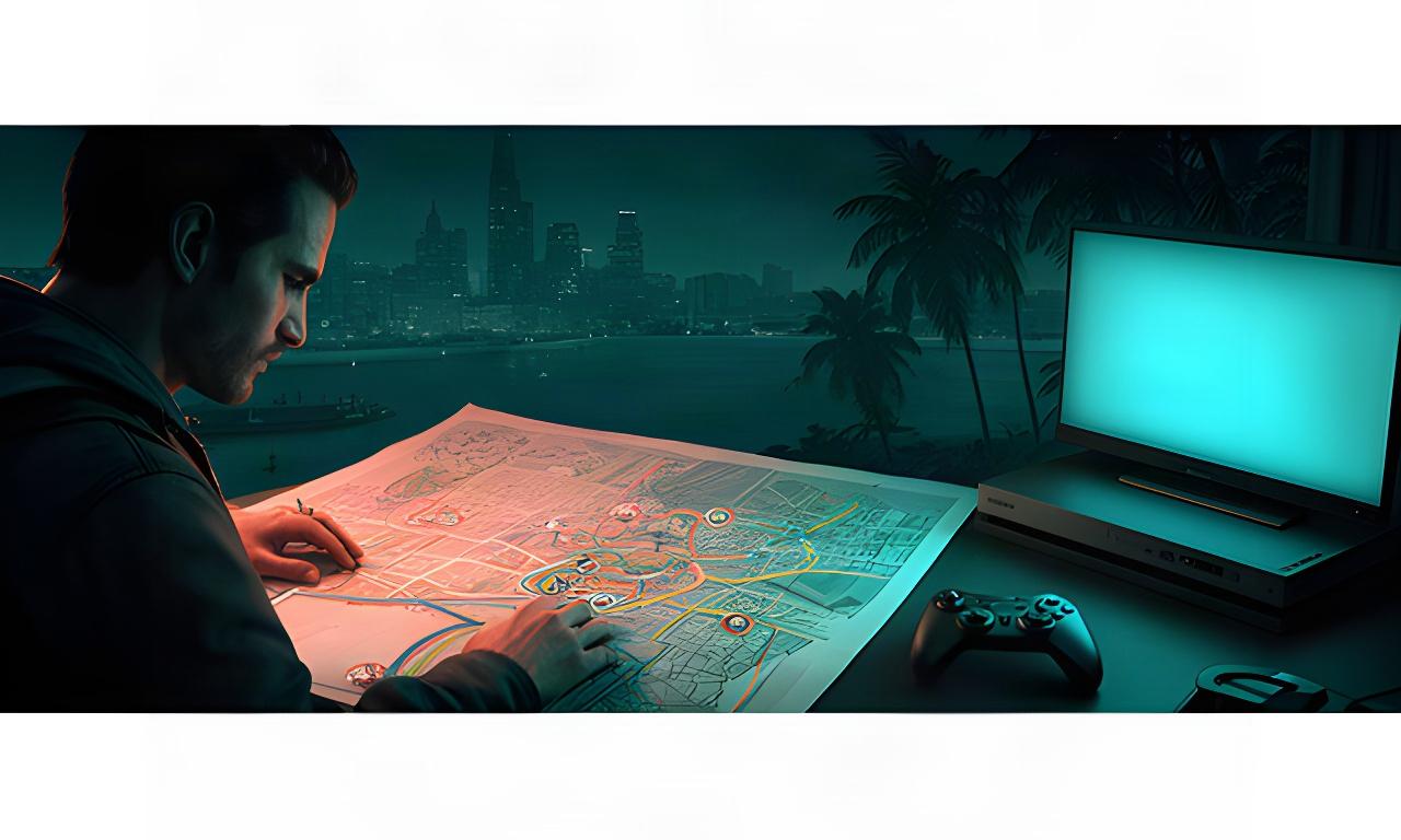 GTA VI player studying a marked Vice City map beside a console at night