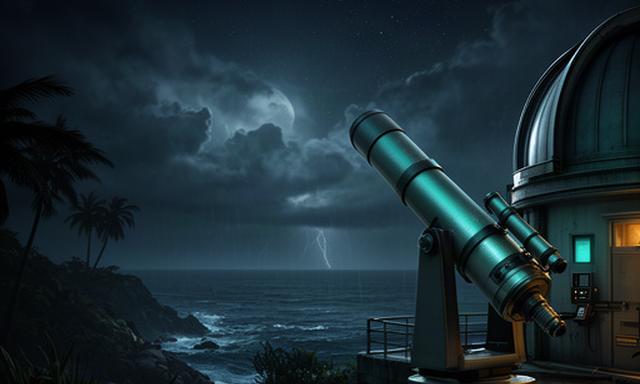 Nighttime coastal observatory in Vice City with a telescope aimed above the ocean