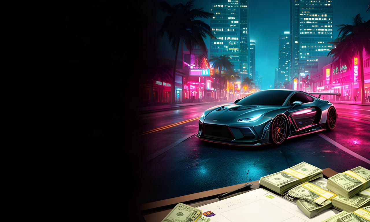 Nighttime Vice City street with a customized sports car, business towers, and cash-filled planning desk