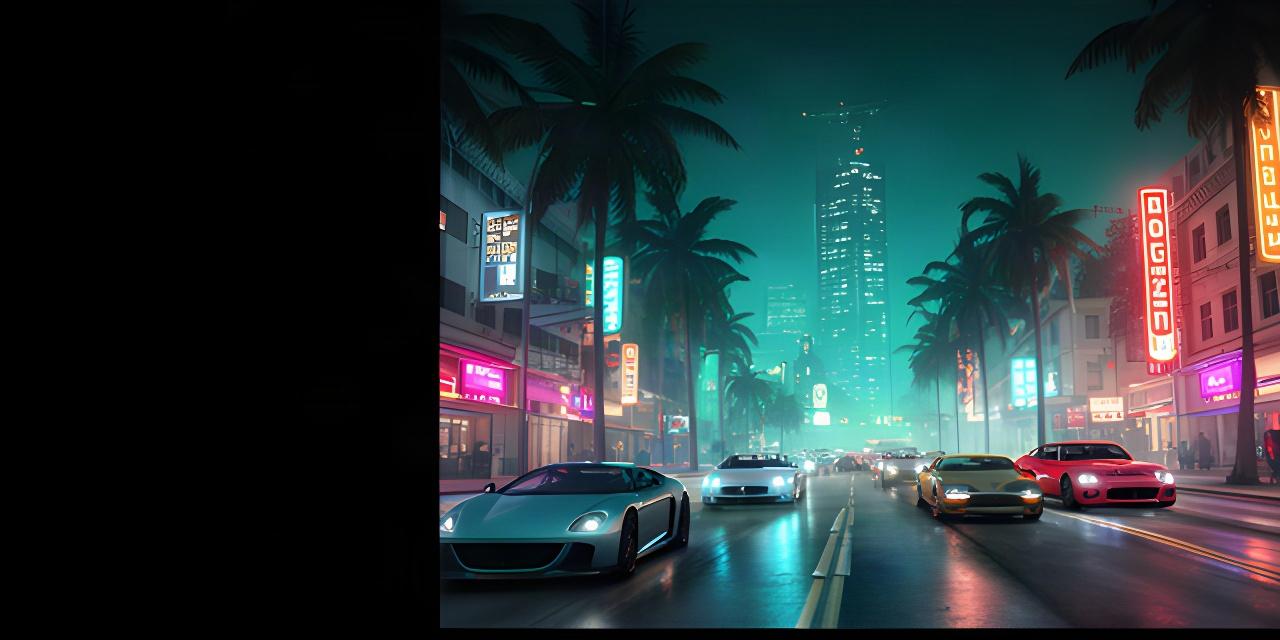 Night-time Vice City boulevard with sports cars, palm trees, and glowing shop signs