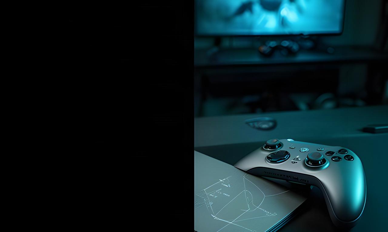 PlayStation 5 controller beside a mission notebook in a dark gaming setup with blue screen light