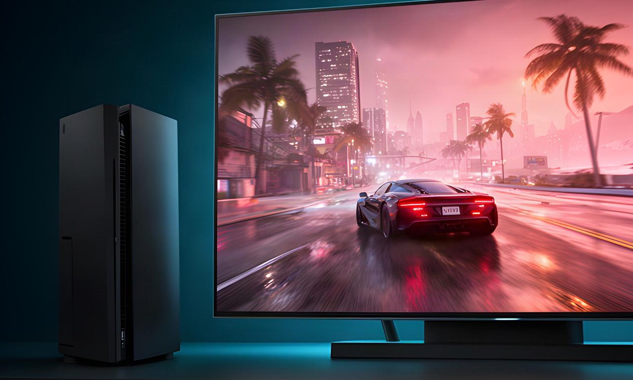 Xbox Series X console beside a large television showing a richly lit open-world driving scene in a dark gaming room